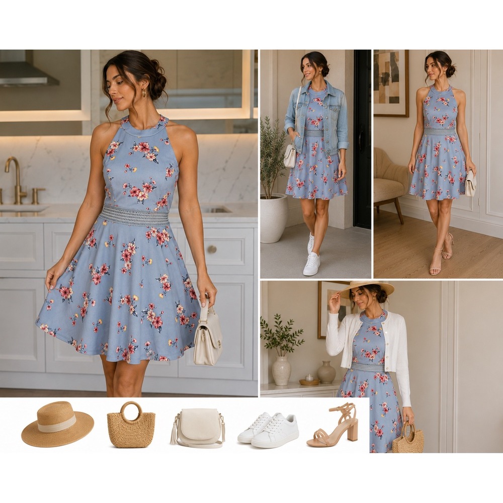 City‎ Triangles Floral Halter Dress Juniors 13 Blue Pink Skater Fit Flare